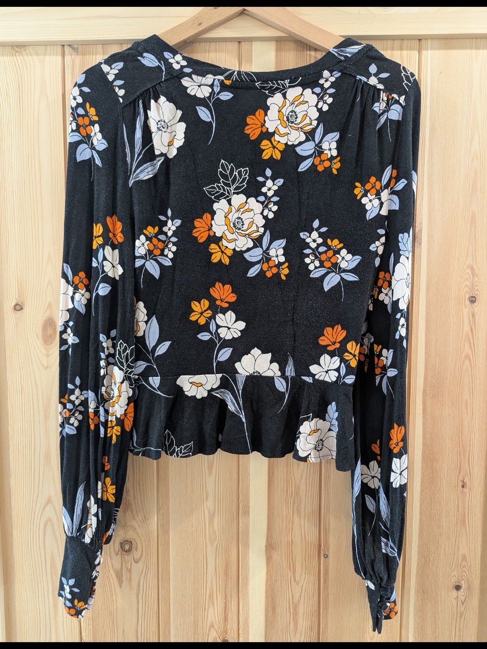 Free People Black Floral Wrap Top with Cream and Light Blue Accents - Picture 5 of 7